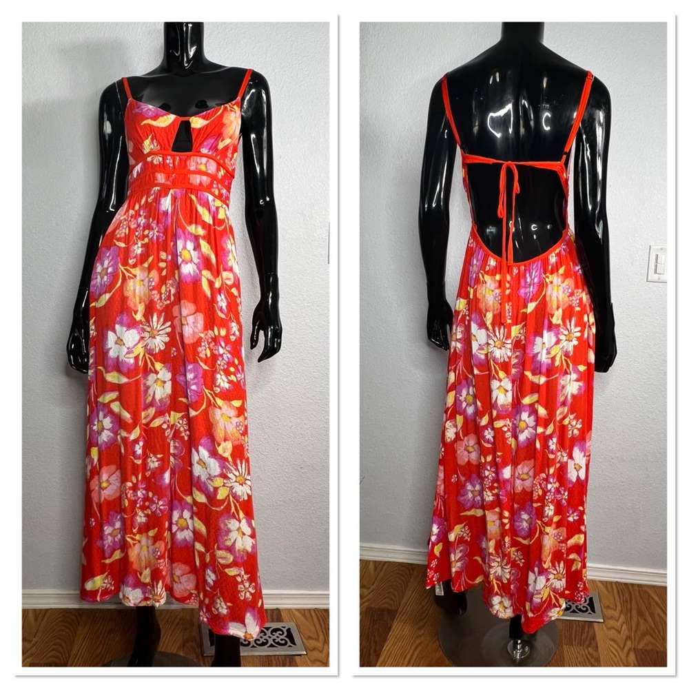 FREE PEOPLE Wisteria Maxi Dress Floral Vibrant Orange Sz M Viscous - Picture 2 of 12